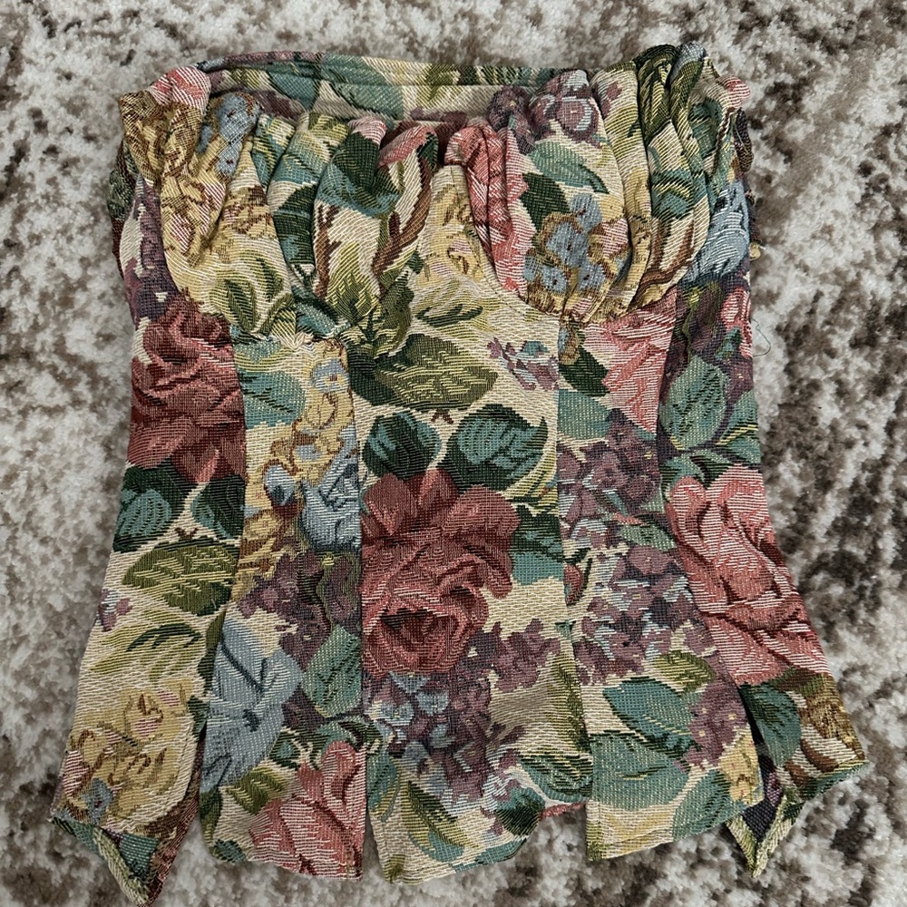 Green Floral Woven Jacquard Ruched Bust Spilt Hem Corset